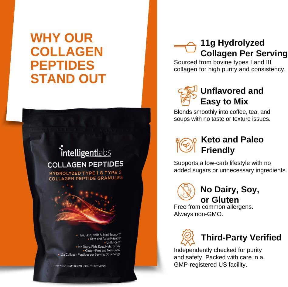 Intelligent Labs Hydrolyzed Type 1 and 3 Collagen Peptide Granules, Collagen Powder Unflavored, Keto and Paleo-Friendly, Third-Party Verified For Purity, 11g per Serving, 30 Servings a Pouch 4
