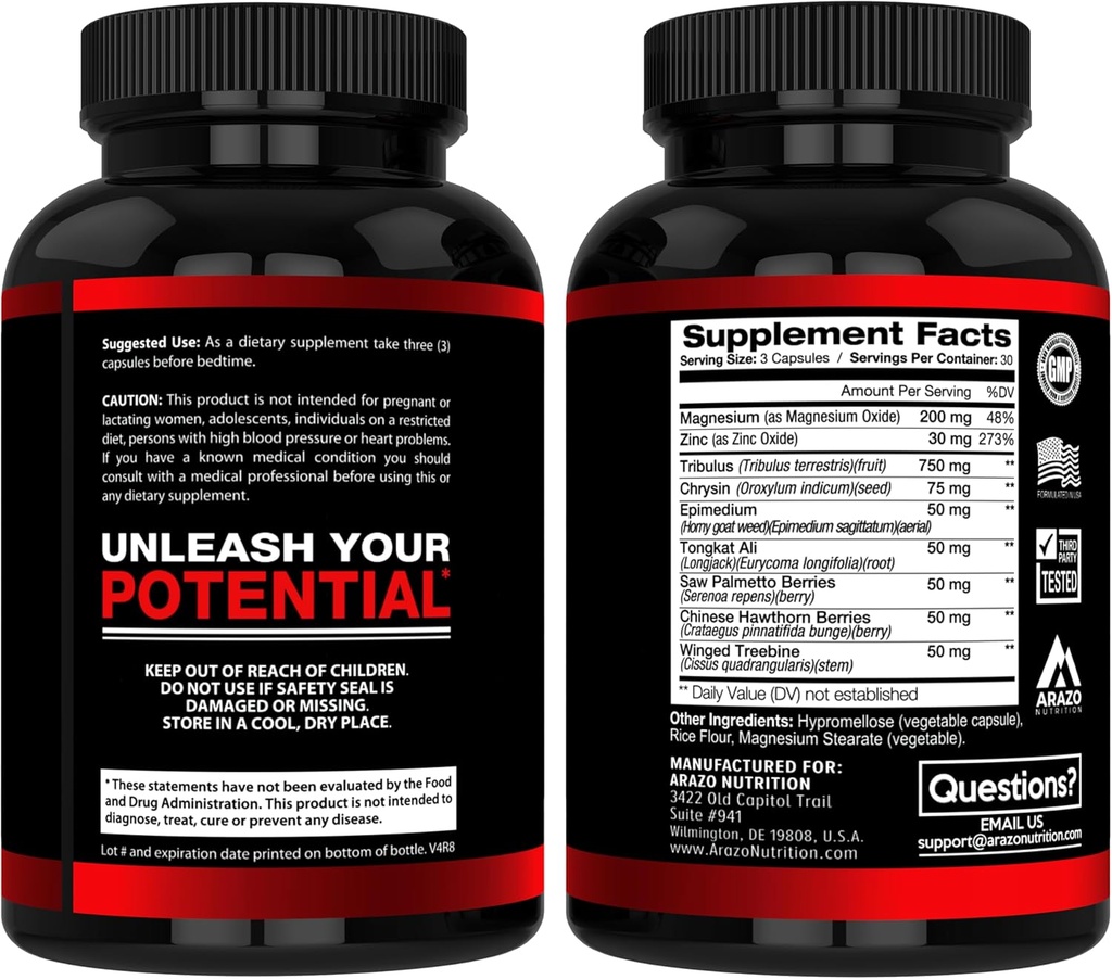 Arazo Nutrition TestoBoost Test Booster Supplement - Potent & Natural Herbal Pills - Boost Muscle Growth - Tribulus, Epimedium, Hawthorn, Zinc, Minerals 4