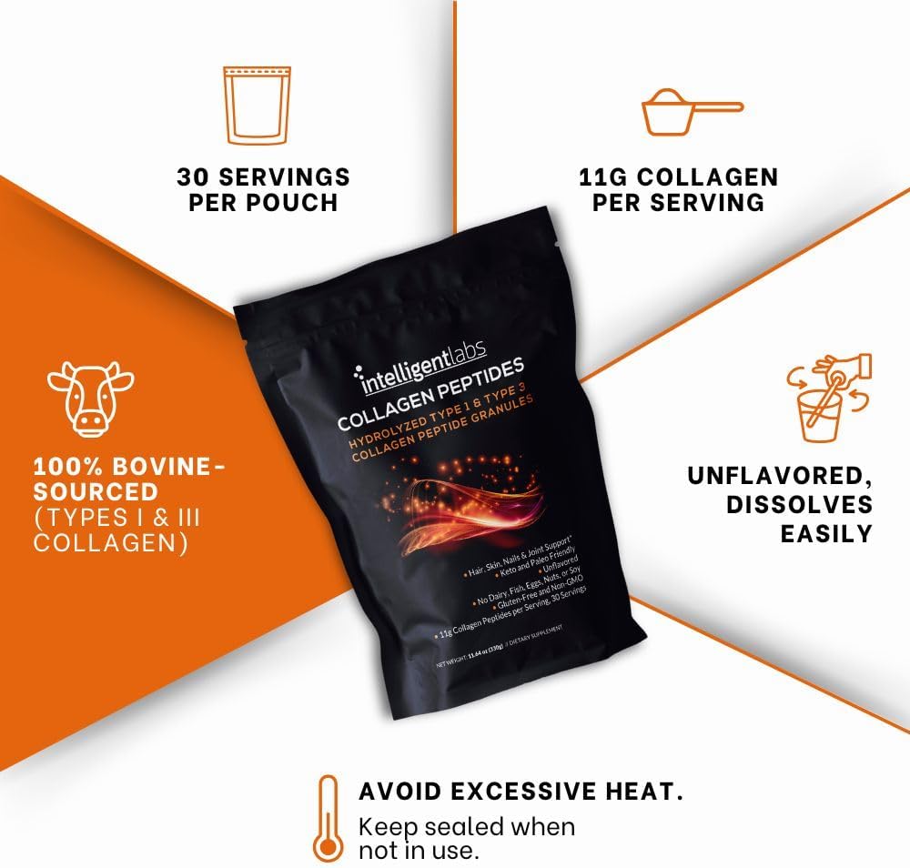 Intelligent Labs Hydrolyzed Type 1 and 3 Collagen Peptide Granules, Collagen Powder Unflavored, Keto and Paleo-Friendly, Third-Party Verified For Purity, 11g per Serving, 30 Servings a Pouch 6
