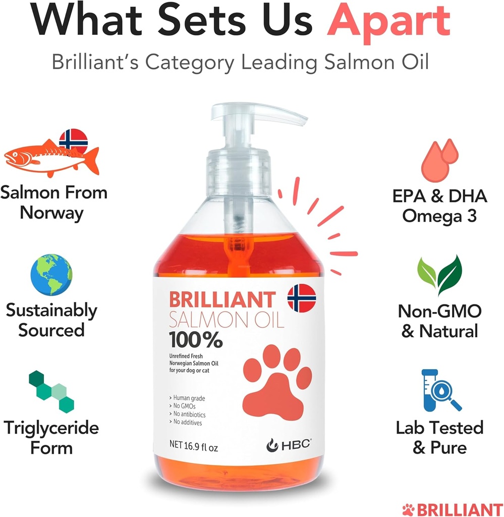 Brilliant Salmon Oil for Dogs, Cats & Puppies | Omega 3 Fish Oil Liquid Supplement with DHA, EPA Fatty Acids | Supports Skin and Coat, Immune System & Joint Function | Hofseth BioCare (10oz) 4