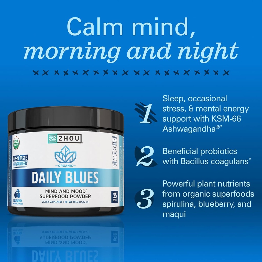 Zhou Daily Blues - Blue Spirulina Powder Organic, Blue Algae Energy Superfood Supplement for Smoothie, Vegan Drink Mix - Blueberry Flavor, 4.22 oz (25 Servings) 4