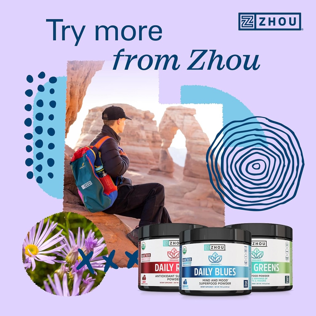 Zhou Daily Blues - Blue Spirulina Powder Organic, Blue Algae Energy Superfood Supplement for Smoothie, Vegan Drink Mix - Blueberry Flavor, 4.22 oz (25 Servings) 6