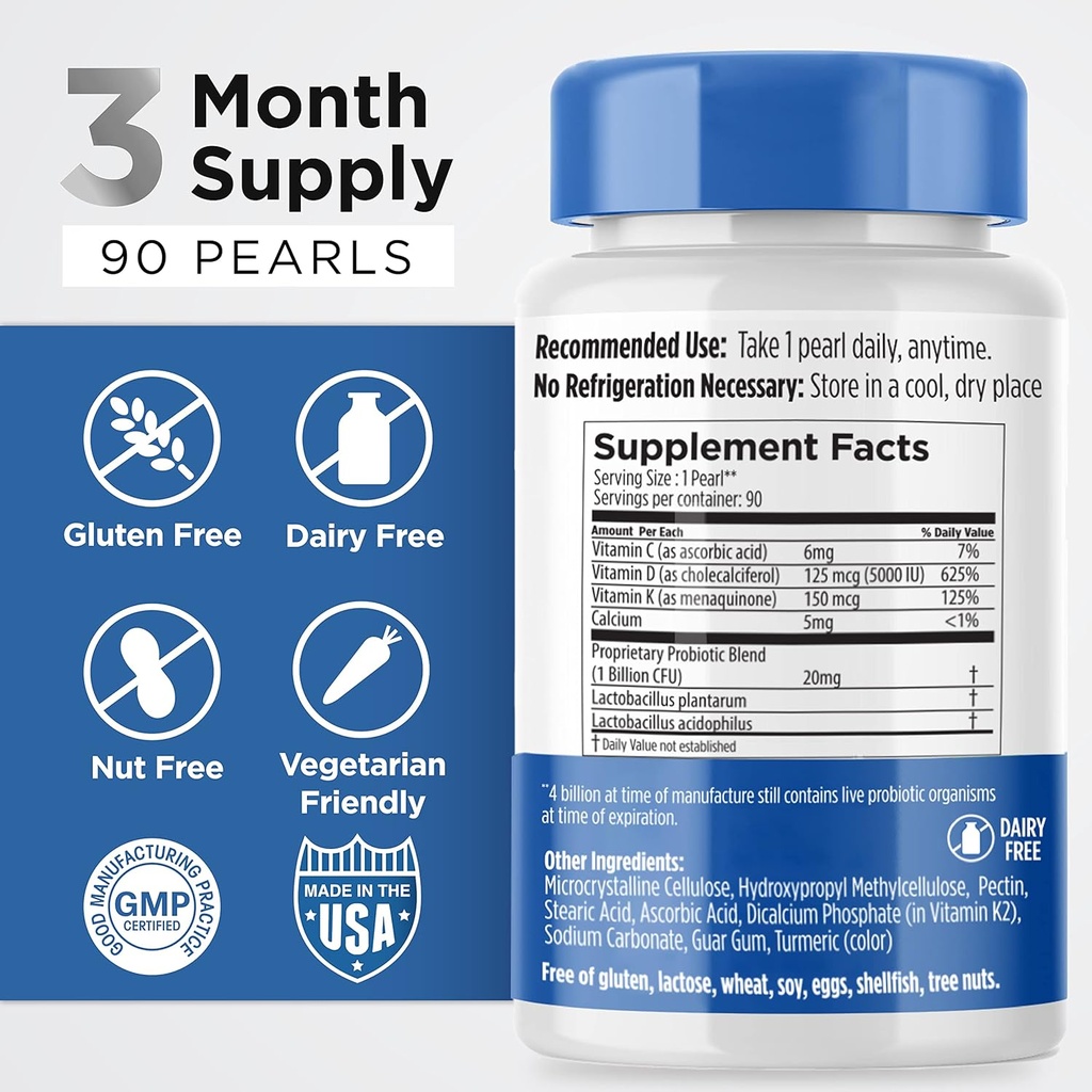 Earth's Pearl Vitamin D3 K2 5000 IU - 3-in-1 K2 D3 Vitamin Supplement with Probiotics for Women & Men, 3-Month Supply, Gut Health Supplements for Women & Men (90 CT) 4