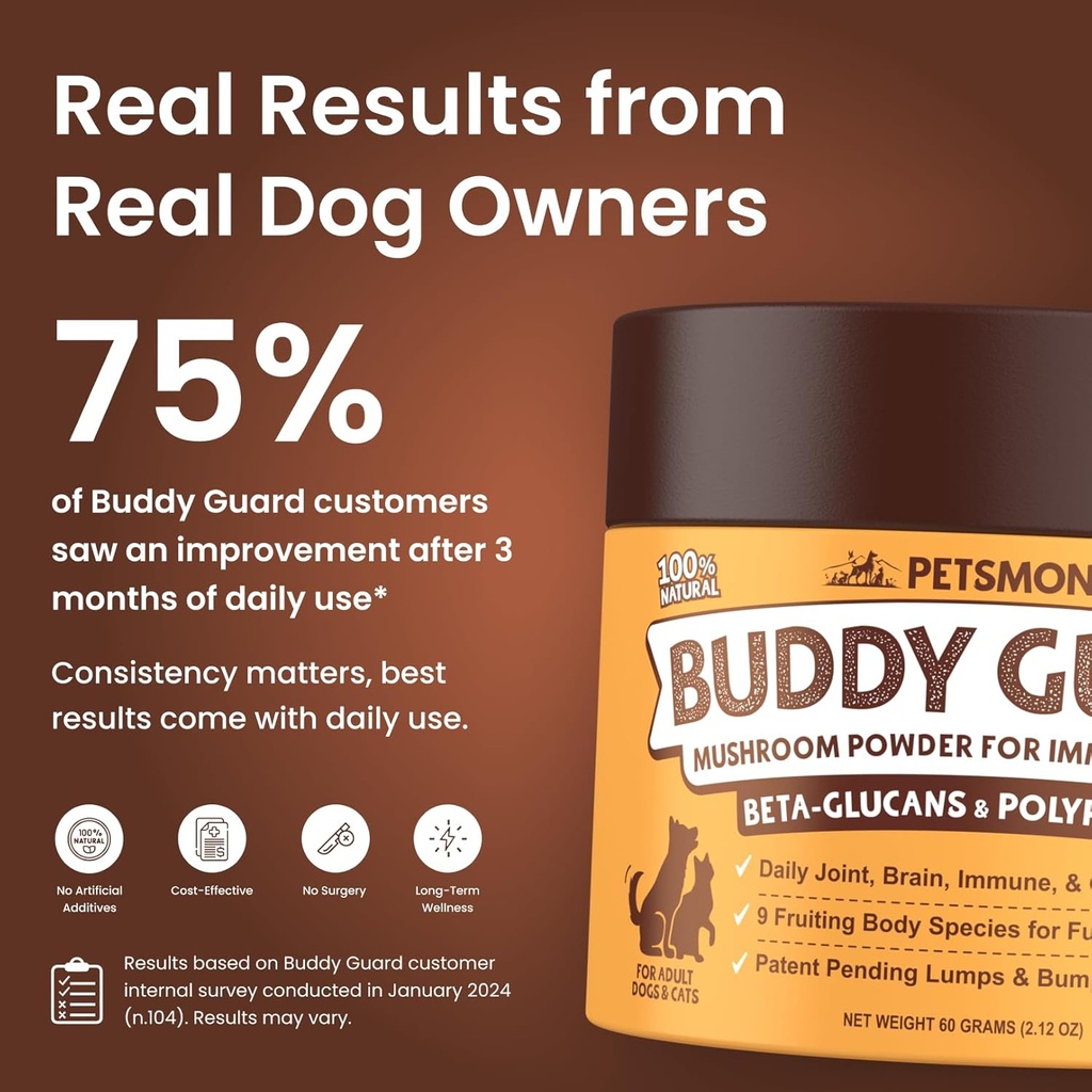 Petsmont Buddy Guard for Lumps and Bumps, Lipoma for Dogs & Cats, Patent Pending Organic 8 Mushroom Powder Blend Natural Dog Probiotic & Immune Support Chaga, Reishi, Lion's Mane, Turkey Tail Mushroom 4