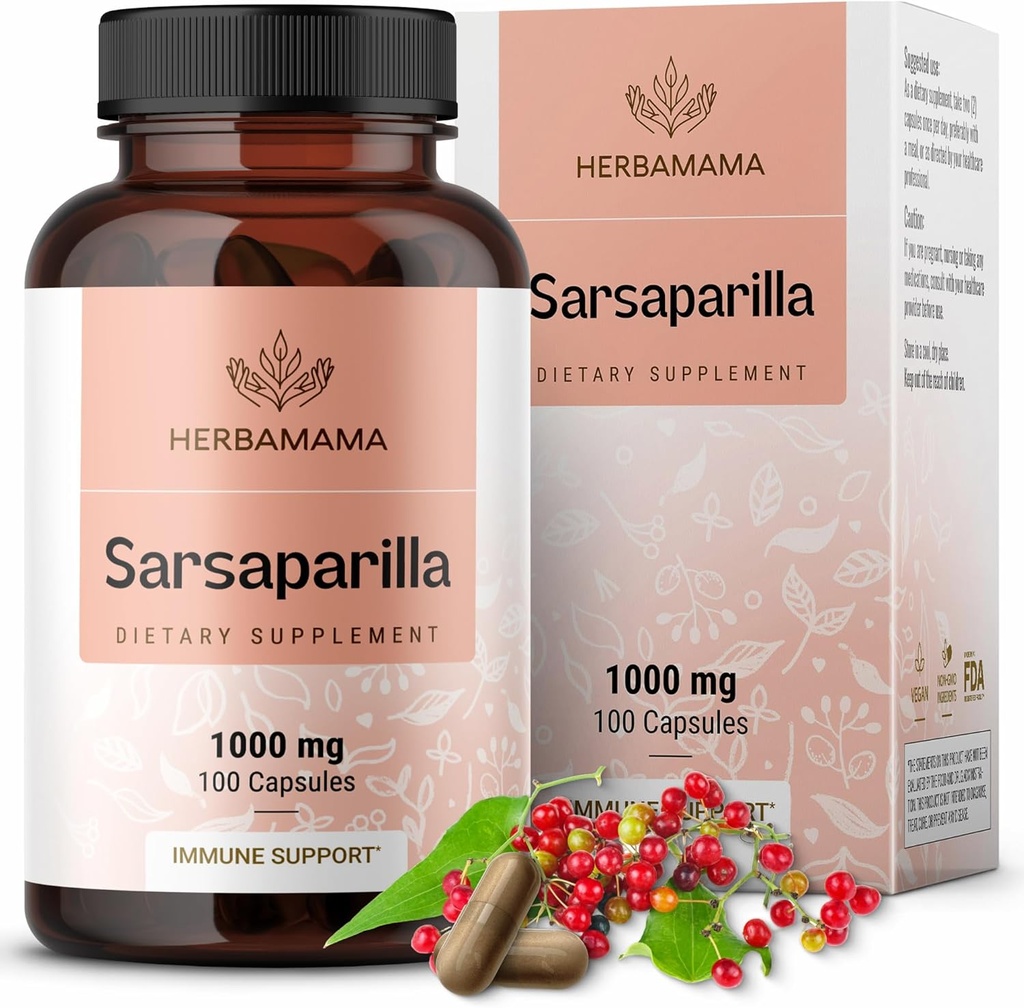 HERBAMAMA Sarsaparilla Root Capsules - 1000mg Sarsaparilla Powder for Herbal Liver Cleanse Support - Vegan, Non-GMO Smilax Liver Supplement 2