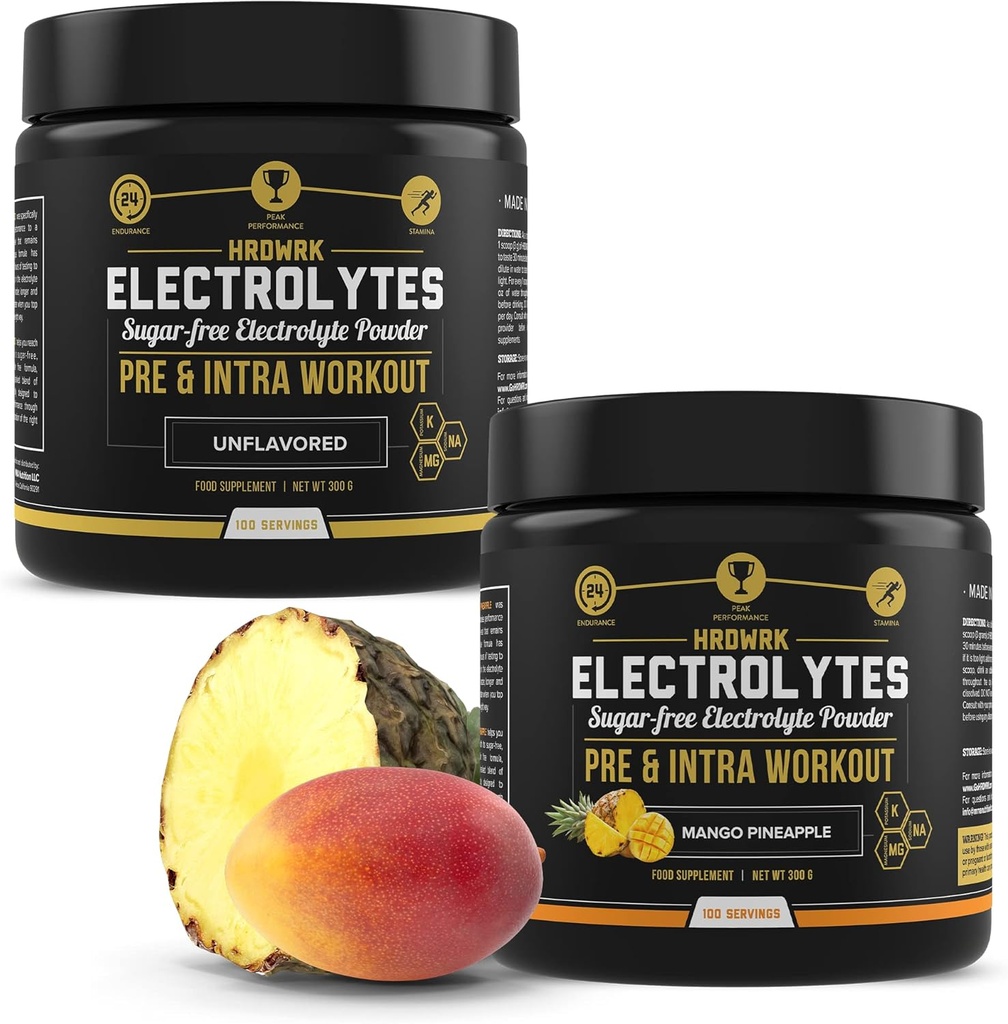 HRDWRK - 100 Servings Keto Electrolytes Powder Hydration Sugar Free - Electrolyte Powder to Boost Endurance & Reduce Fatigue with Electrolytes Supplement - Unflavored & Mango Pineapple Set 2