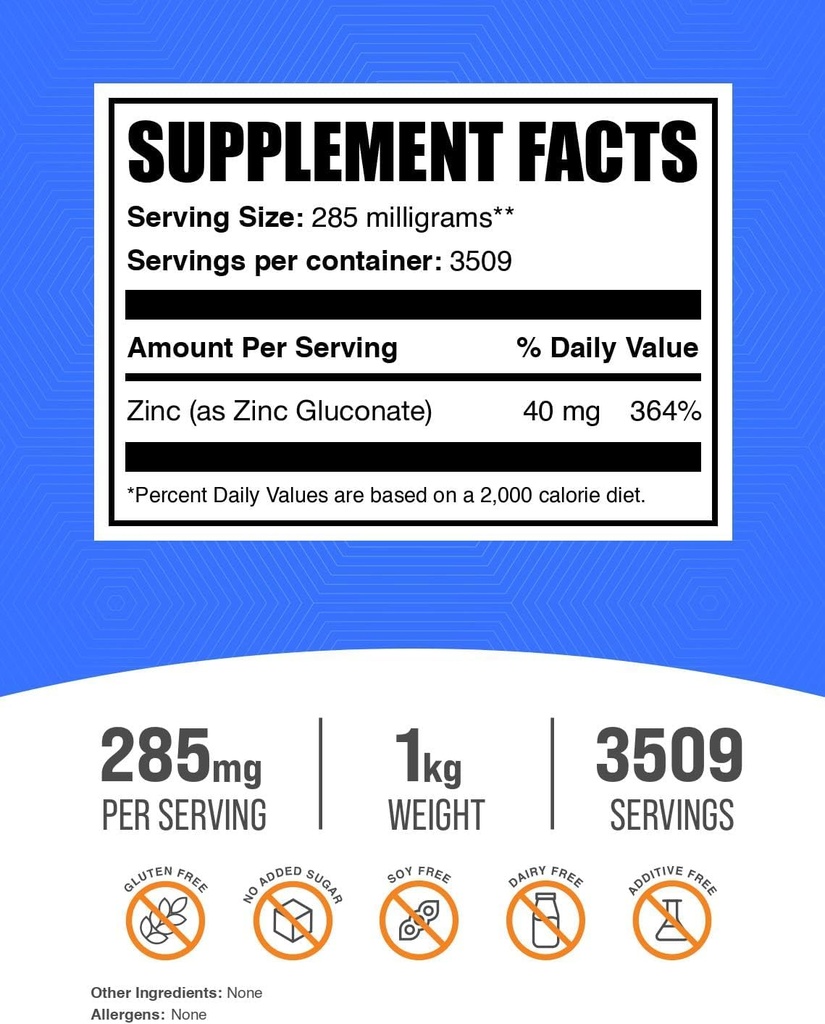 BulkSupplements.com Zinc Gluconate Powder - Zinc 40mg, Mineral Supplement for Immune Support - Gluten Free, 285mg per Serving, 1kg (2.2 lbs) (Pack of 1) 3