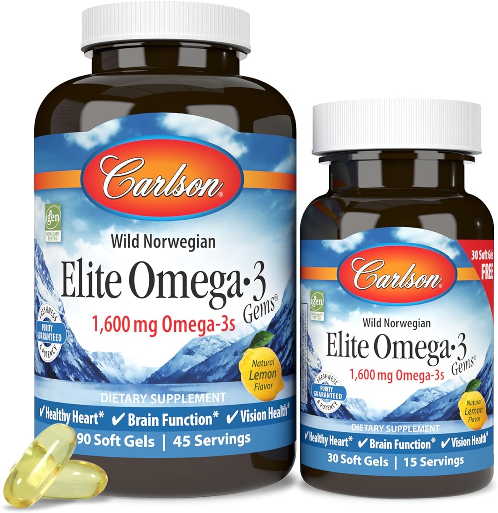 Carlson Elite Omega-3 Gems 1600 mg Omega 3 Fatty Acids Including EPA & DHA - Norwegian, Wild-Caught Sustainably Sourced Fish Oil Supplement, Omega 3 Fish Oil Capsules Lemon - 90+30 Softgels 2