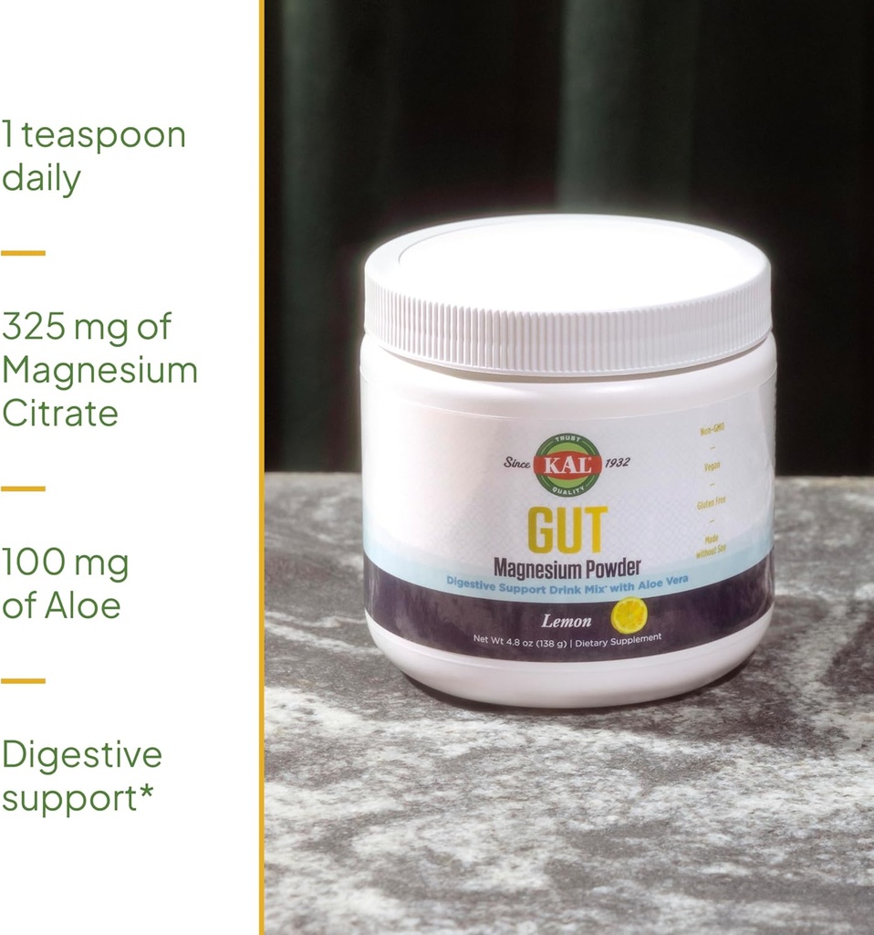 KAL Gut Magnesium Plus Aloe Vera Powder - Lemon Drink Mix - Magnesium Citrate Supplement with Aloe Vera Gel for Digestion & Relaxation Support - No Sugar - 60-Day Guarantee, 40 Servings, 4.8 OZ 5