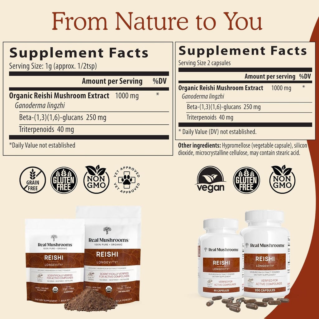 Real Mushrooms Reishi Mushroom Powder - Handpicked Organic Mushroom Extracts - Red Reishi for Tranquil Daily Wellness with Verified Beta Glucans Vegan, Non-GMO, No Grain Fillers, 45 Servings 4