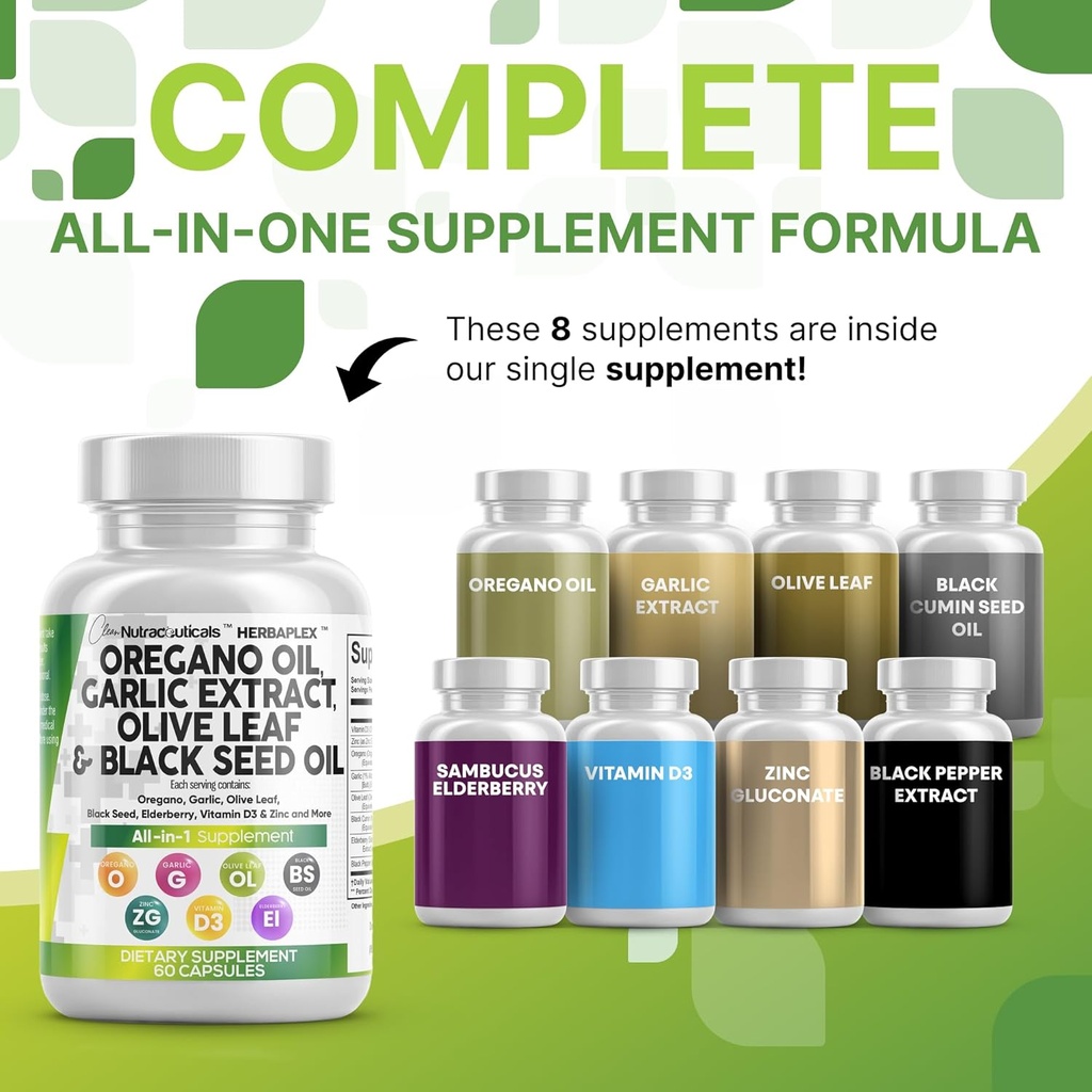 Clean Nutraceuticals Oregano Oil Garlic Extract Olive Leaf Black Seed Oil- Immune Support & Digestive Health Supplement for Women and Men with Vitamin D3 & Zinc - 5Pack 3