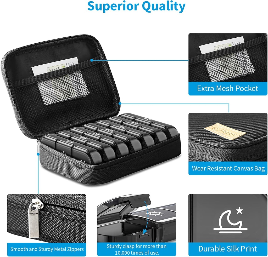 ZIKEE Large Weekly Pill Case Organizer 3 Times a Day, Portable Light Proof Canvas Bag Pill Box 7 Day to Protect Your Privacy and Store Medication, Vitamin, Fish Oil, Supplement (Black) 5
