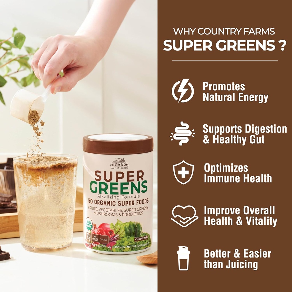 COUNTRY FARMS Super Greens Chocolate Flavor, 50 Organic Super Foods, USDA Organic Drink Mix, Fruits, Vegetables, Super Greens, Mushrooms & Probiotics, Supports Energy, 40 Servings, 10.6 Oz, 2 Pack 5