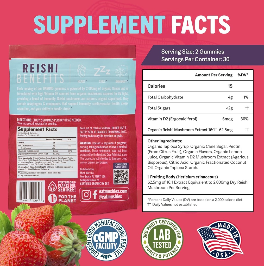 Mushie 100% Organic Reishi Mushroom Gummies - 2000mg Reishi Nootropic for Relaxation, Sleep, Cardiovascular Health & Immune Support with Vitamin D - Vegan, Gluten-Free - 60 Count 6