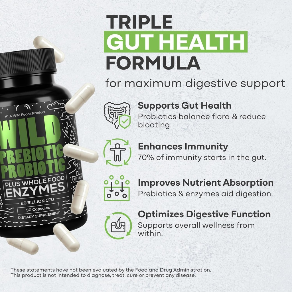 Wild Prebiotics and Probiotics with Digestive Enzymes | 20 Billion CFU - 10 Strains for Women & Men | Support Gut Health & Digestion Supplements | Non-GMO Prebiotic Fiber | 30 Count (Pack of 2) 4