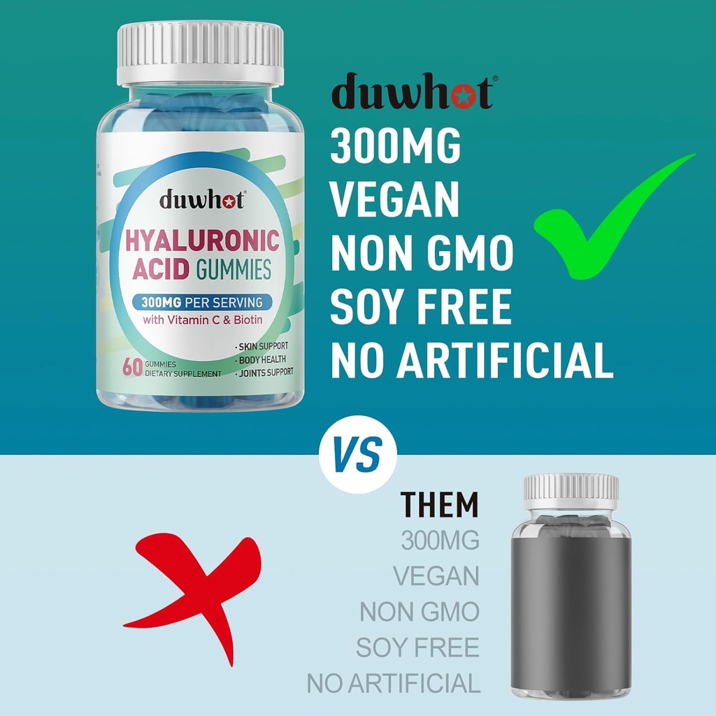 Hyaluronic Acid Gummies, Hyaluronic Acid Supplements with Vitamin C & Biotin 5000mcg for Skin, Hair, Nails Health, Joints Supplements for Women & Men, Low Sugar, Vegan, Non-GMO, 60 Counts 6