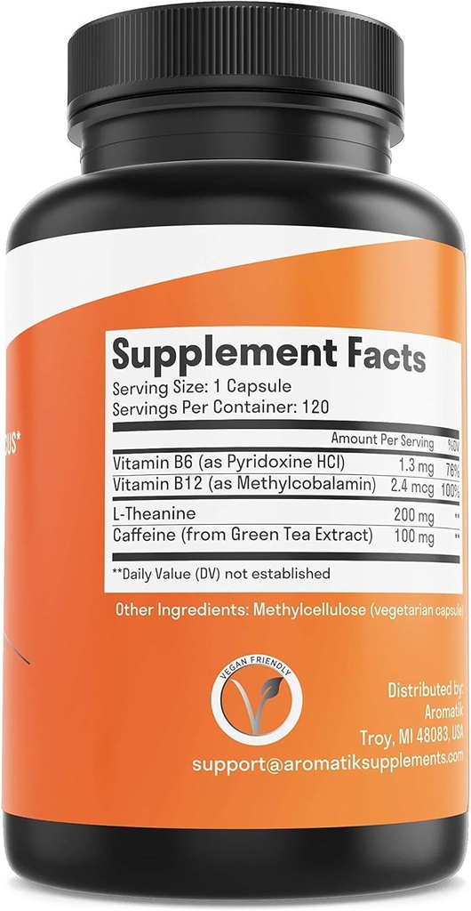 Aromatik Caffeine L-Theanine Focus Supplement | Caffeine (100 mg) + L-Theanine (200 mg) + B Vitamins | Energy Focus Cognition | USA Made at FDA Registered Facility | Vegan Capsules | 120 Servings 5