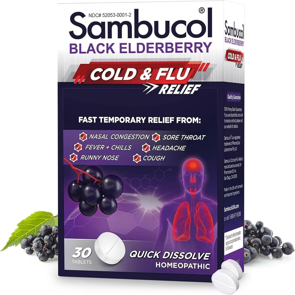 Sambucol Cold and Flu Relief Tablets - Homeopathic Cold Medicine, Remedy for Adults, Black Elderberry for Colds, Zinc Remedy - 30 Count 2