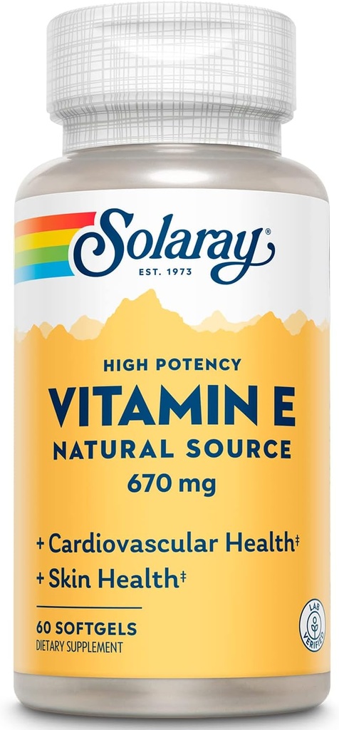 SOLARAY Vitamin E 1000 IU Softgel Capsules, 670 mg - d Alpha Tocopherol Vitamin E Supplements - Skin Health, Heart Function and Antioxidant Support - 60-Day Guarantee - 60 Servings, 60 Softgels 2