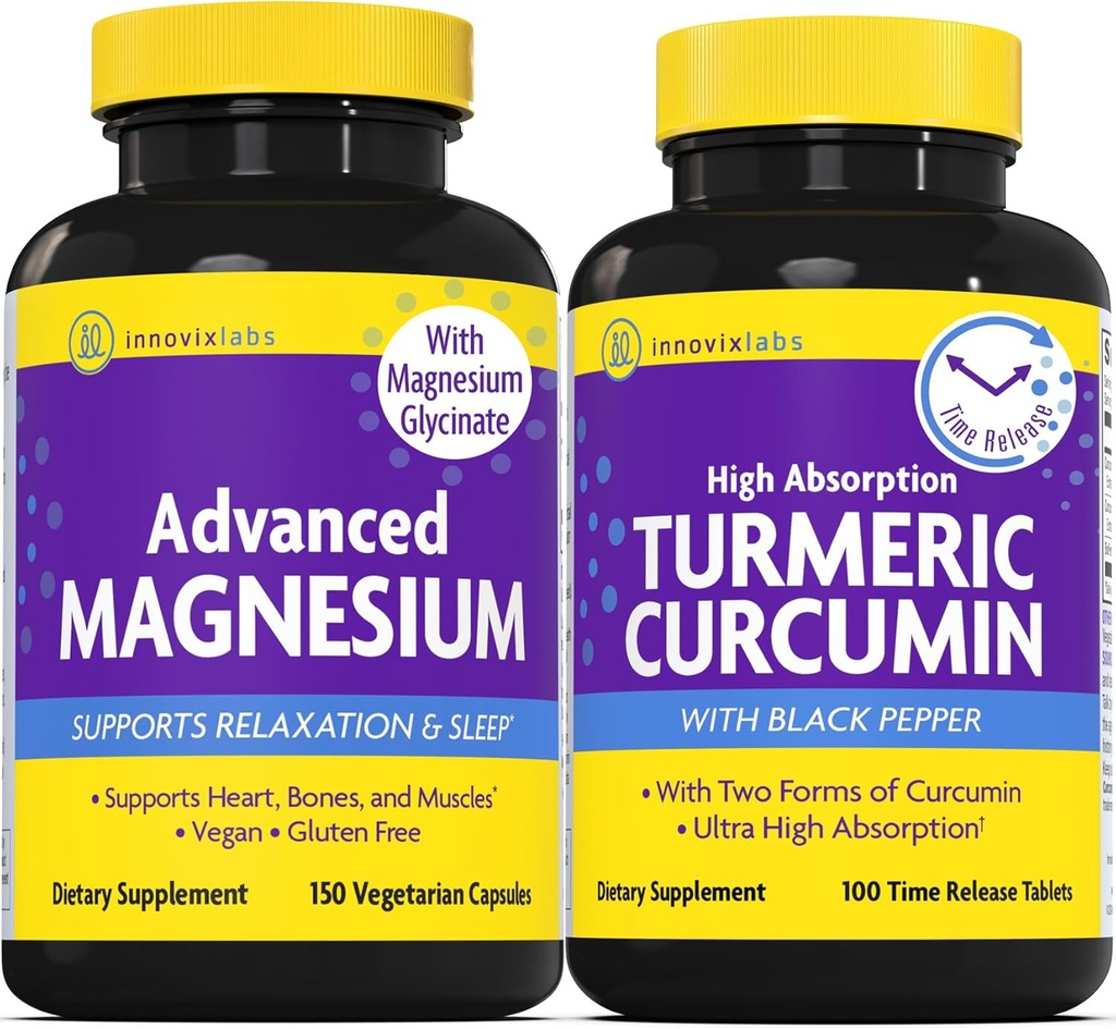 Magnesium & Curcumin Bundle: InnovixLabs Advanced Magnesium (150 Time-Release Capsules) InnovixLabs Turmeric Curcumin (100 Time-Release Tablets). Promotes Relaxation, Bones, Muscle and Immune Health.* 2