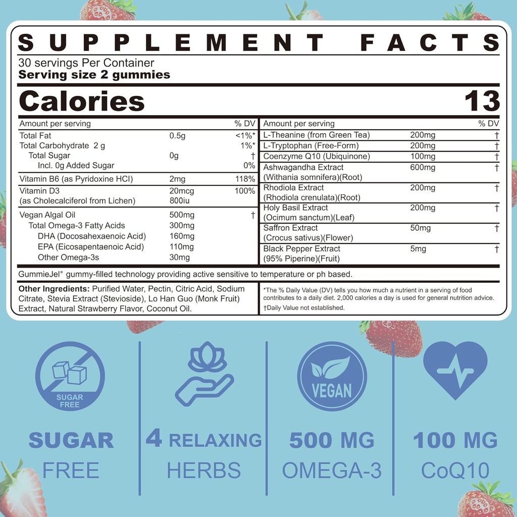Sugar Free Ashwagandha Calm Gummies with L-Theanine, Vitamin D3, Vegan Omega 3, CoQ10 & Rhodiola Rosea for Women Men, Natural Relax Calming Mood Supplement, Strawberry Flavor, Vegan, 60 Filled Gummies 3