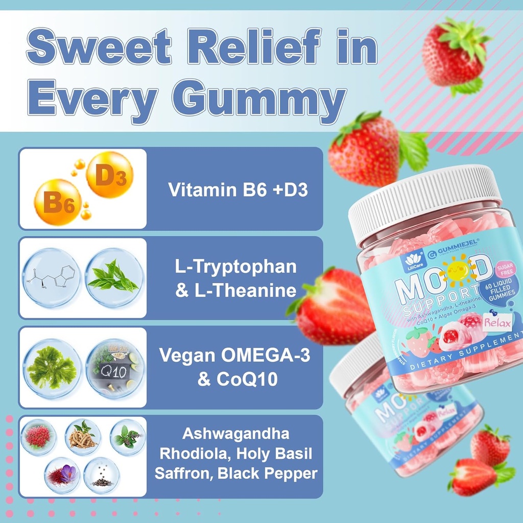 Sugar Free Ashwagandha Calm Gummies with L-Theanine, Vitamin D3, Vegan Omega 3, CoQ10 & Rhodiola Rosea for Women Men, Natural Relax Calming Mood Supplement, Strawberry Flavor, Vegan, 60 Filled Gummies 4