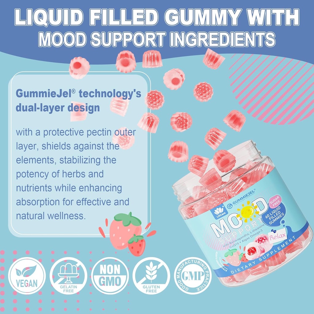 Sugar Free Ashwagandha Calm Gummies with L-Theanine, Vitamin D3, Vegan Omega 3, CoQ10 & Rhodiola Rosea for Women Men, Natural Relax Calming Mood Supplement, Strawberry Flavor, Vegan, 60 Filled Gummies 6