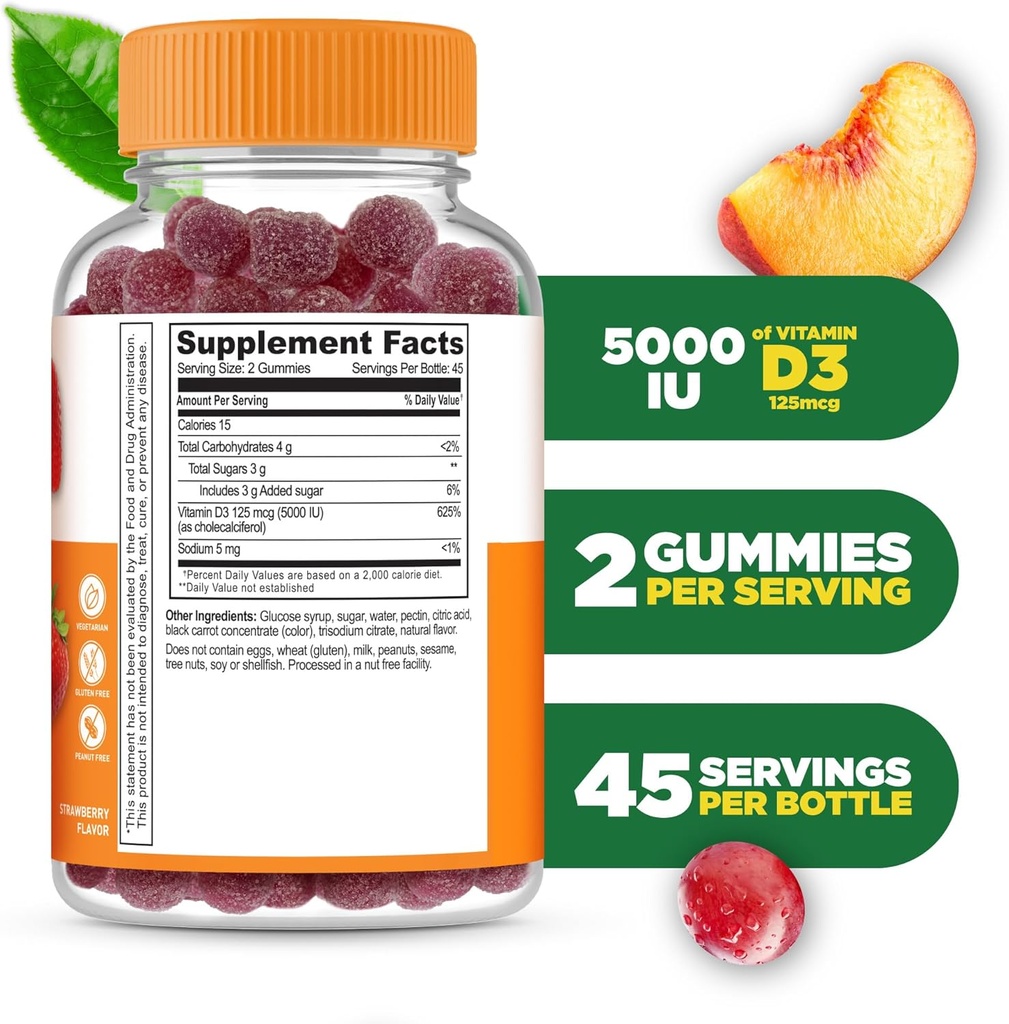 Vitamin D Gummies for Adults | 5000 IU | Great Tasting D3 Vitamin | Immune Support and Healthy Bones Vitamin D Supplement for Men, Women | 90 Gummies | Lifeable 3