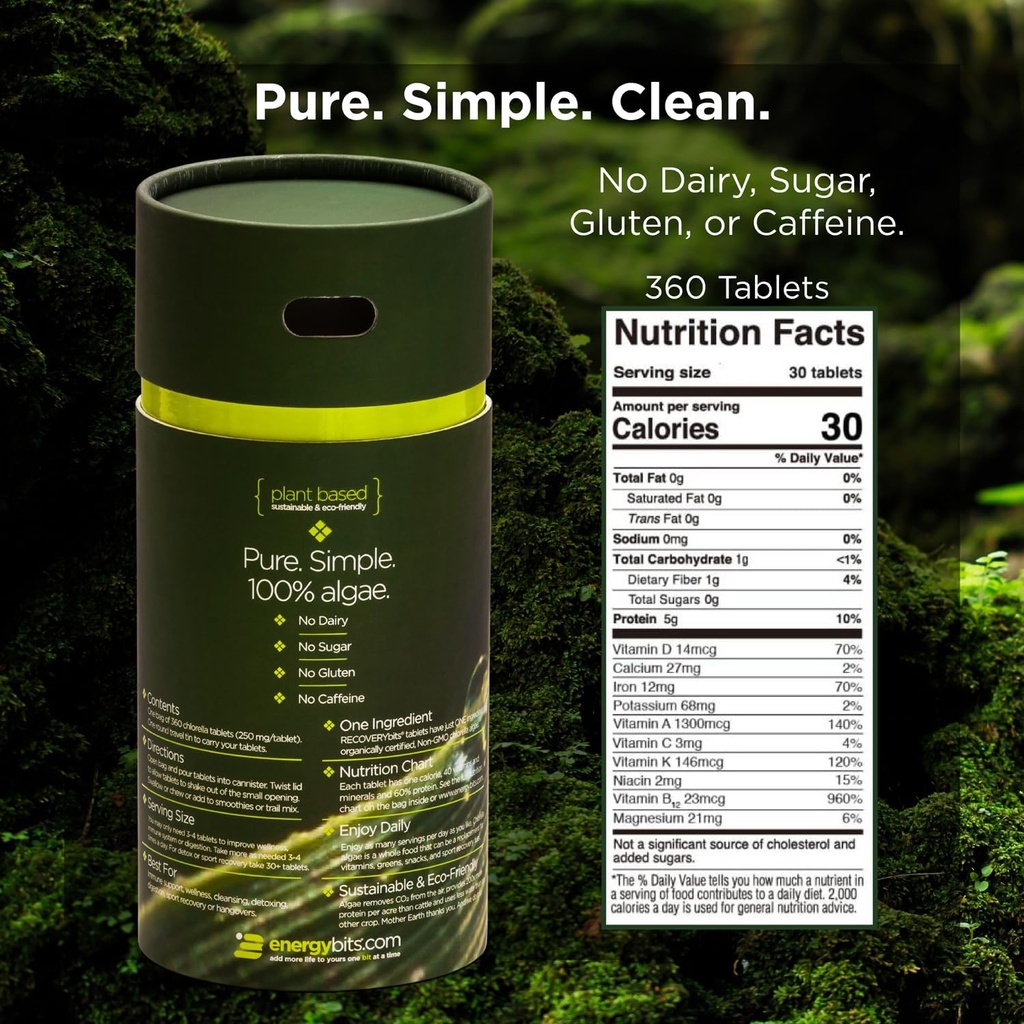 RECOVERYbits - Organic Chlorella Tablets - Plant-Based Algae Superfood - Chlorophyll - Cracked Cell Wall - Energy - Immune System - Detox - Keto - Vegan - Non-GMO - Small Canister - 360 Tablets 5