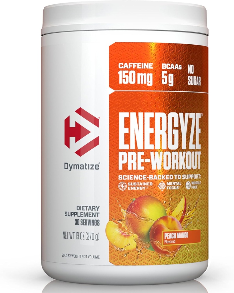 Dymatize Energyze Pre Workout Powder for Men and Women, Peach Mango, 150mg Caffeine, 5g BCAAs, Performance Blend of L-Theanine, L-Tyrosine, L-Citrulline, No Sugar (30 Servings) 2