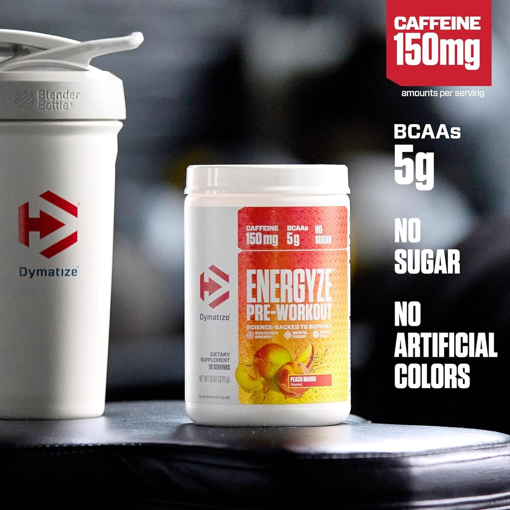 Dymatize Energyze Pre Workout Powder for Men and Women, Peach Mango, 150mg Caffeine, 5g BCAAs, Performance Blend of L-Theanine, L-Tyrosine, L-Citrulline, No Sugar (30 Servings) 3