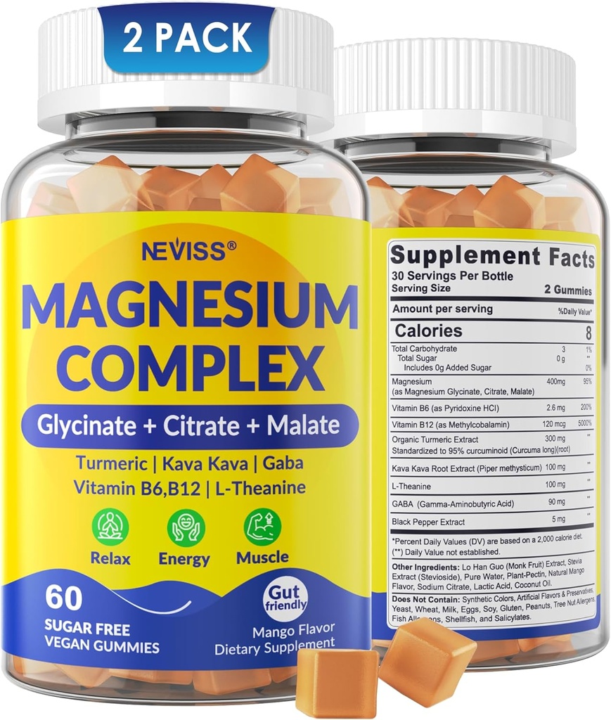 Magnesium Complex Gummies 400mg, Magneisum Glycinate Citrate Malate + Turmeric, GABA, B6 B12, Kava Kava, L-Theanine for Sleep, Calm, Relaxation, Energy, Magnesium Gummies for Women Men, Vegan, 2 Pack 2