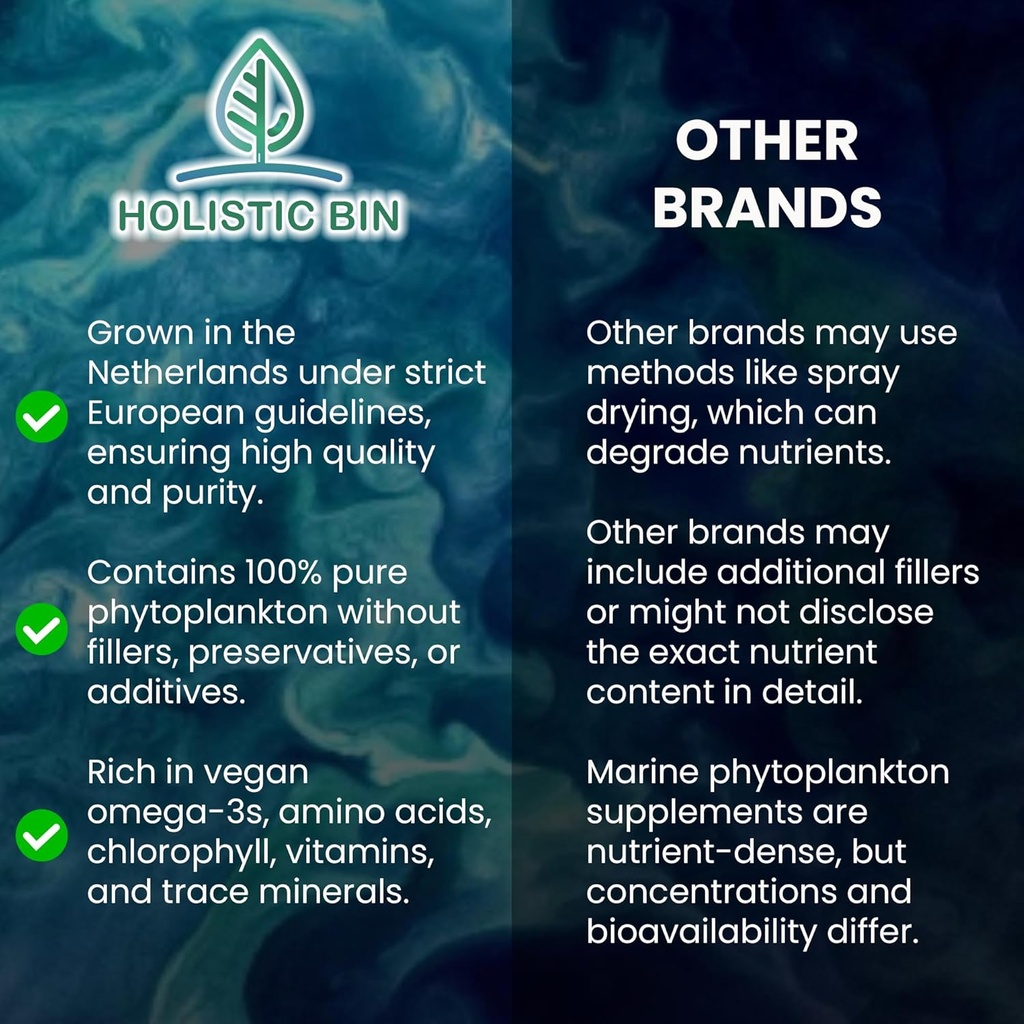 Holistic Bin Marine Phytoplankton Powder – Sustainably Cultivated in Nordic Green Water Farm – Nutrient-Dense Omega-3 Superfood – Rich in Amino Acids, Chlorophyll, Vitamins & Trace Minerals – 50 Grams 3