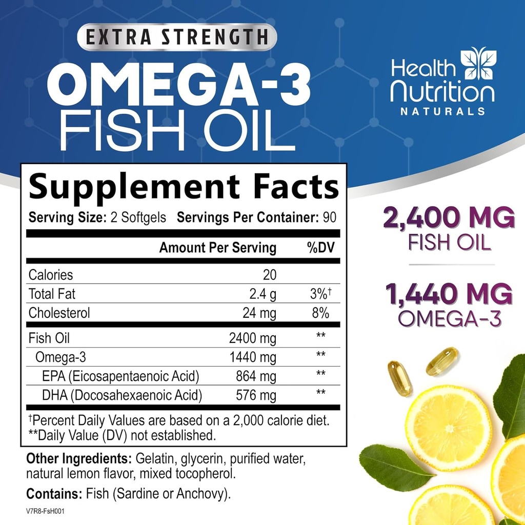 Omega 3 Fish Oil 2400 mg - Triple Strength Omega3, EPA & DHA Fatty Acids Supplement - Natural Support for Immune, Heart & Brain Health - Wild Caught, Non-GMO, Lemon Flavor, Burpless - 180 Softgels 3