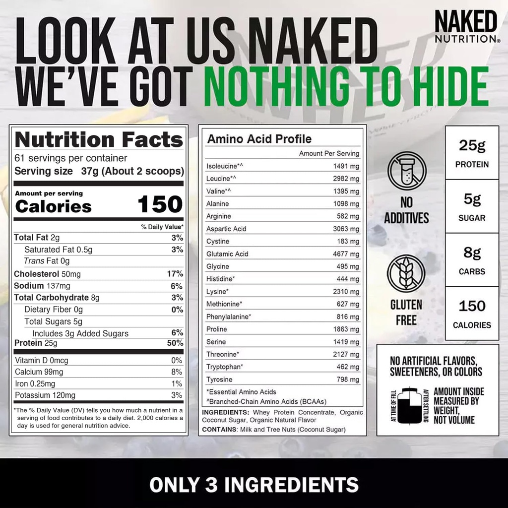 NAKED Vanilla Whey Protein Powder - All Natural Grass Fed Whey Protein Powder, Vanilla Flavor, Organic Coconut Sugar, 5Lb Bulk, GMO-Free, Soy Free, Gluten Free - 61 Servings 5