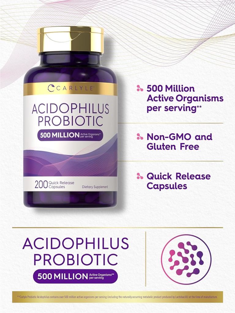 Carlyle Acidophilus Probiotic Capsules for Women and Men | 500 Million CFU | 200 Pills | Lactobacillus Supplement | Non-GMO and Gluten Free 5
