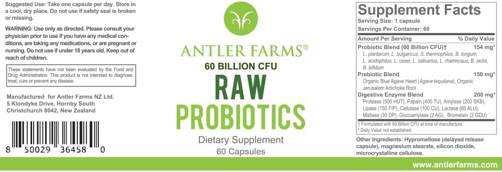 Antler Farms - Raw Probiotics for Digestive Health 60 Billion CFU, 60 Capsules - Prebiotics & Probiotics with Digestive Enzymes, 100% Vegan, Non-GMO, Shelf-Stable for Women & Men 2