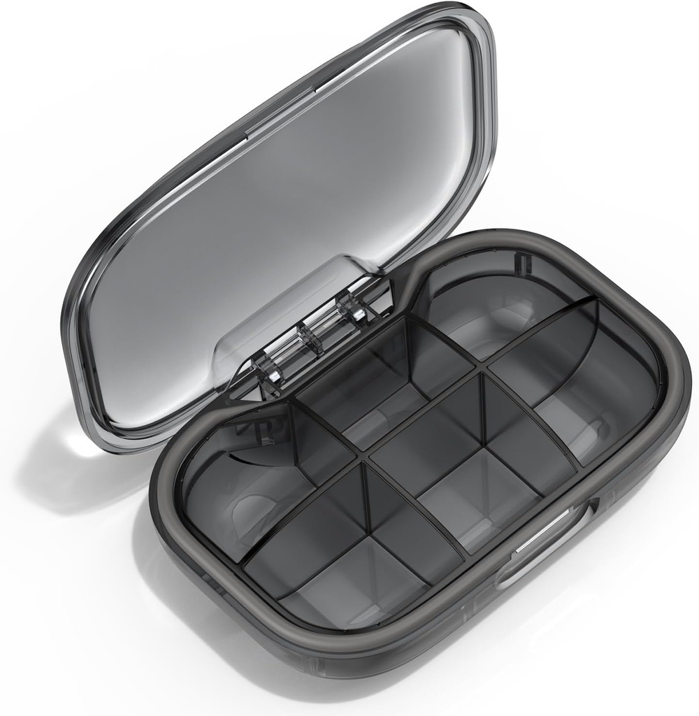 6 Compartment Travel Pill Organizer, Moisture Proof Case for Pocket Purse, Daily Portable Medicine Vitamin Container, Fish Oil and Supplement Box (Black) 4