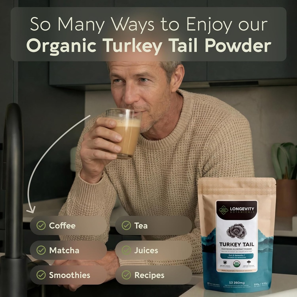 Organic Turkey Tail Mushroom Powder Supplement 100g | Pure Fruiting Body 10:1 High Strength Extract | 50% Beta-D Glucans | 16,600mg Raw Equivalent Per Serving | Immune, Gut & Microbiome Support 5