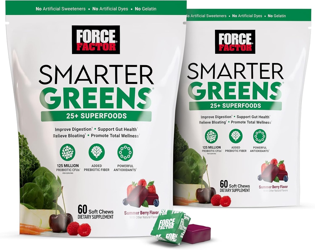 FORCE FACTOR Smarter Greens Superfood Chews, 2-Pack, Greens and Superfoods with Probiotics, Antioxidants, and Fiber, Greens Supplement to Support Digestion, Nitric Oxide, and Energy, 120 Soft Chews 2