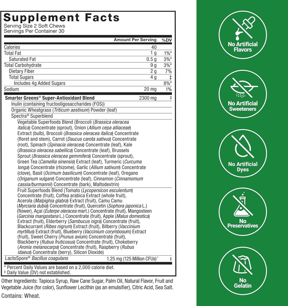 FORCE FACTOR Smarter Greens Superfood Chews, 2-Pack, Greens and Superfoods with Probiotics, Antioxidants, and Fiber, Greens Supplement to Support Digestion, Nitric Oxide, and Energy, 120 Soft Chews 5