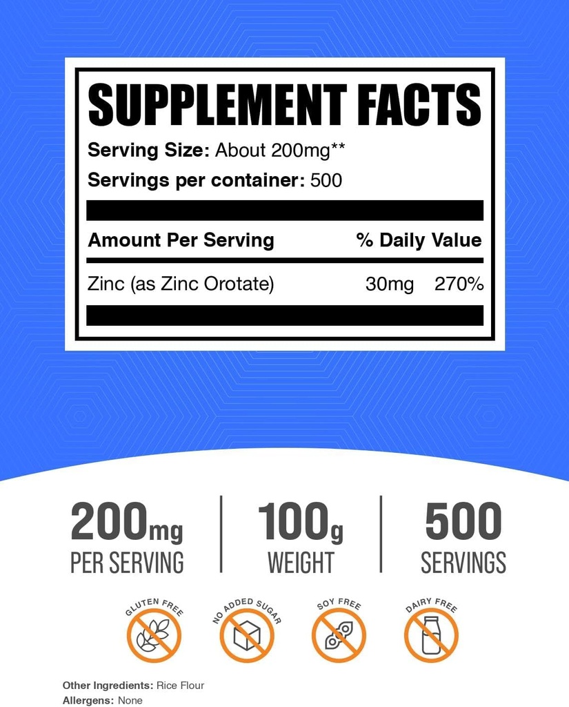 BulkSupplements.com Zinc Orotate Powder - Zinc Minerals Supplement, for Immune Support - Gluten Free, 200mg per Serving, 100g (3.5 oz) (Pack of 1) 3