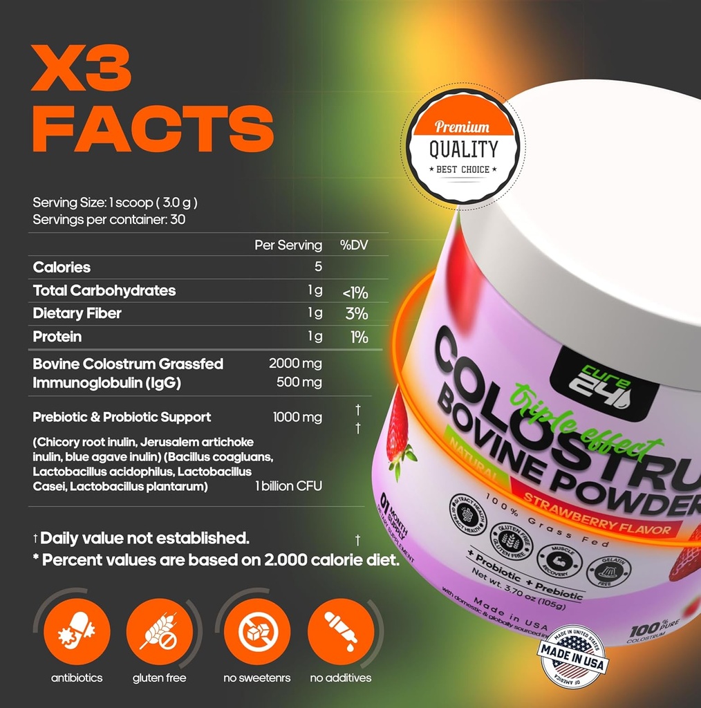 Bovine Colostrum X3 Supplement Powder for Humans, 100% Pure Whole Natural Grass Fed Superfood, High IgG, Plus Probiotic & Prebiotic, Natural Strawberry Flavor, Made in USA 3