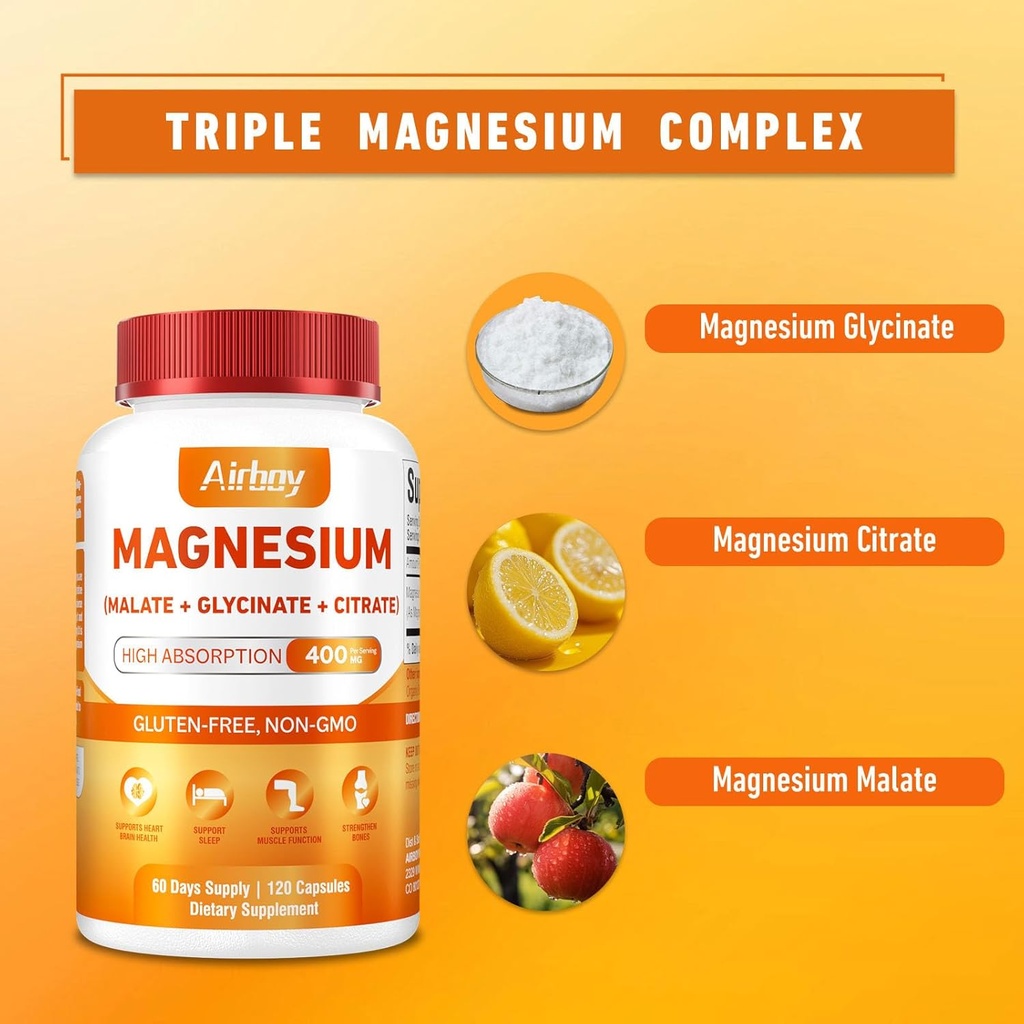 Airboy Magnesium Mineral Supplements Triple Magnesium Complex Supplement, 400mg of Magnesium Glycinate, Malate, Citrat, High Absorption Support Sleep, Muscle, and Relaxation,120 Vegan Capsules 3