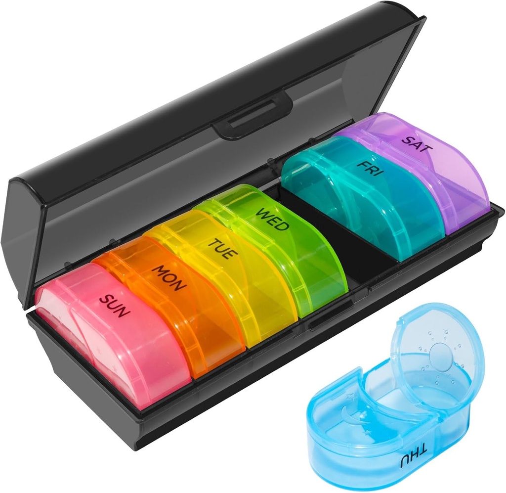 XL Weekly Pill Organizer 2 Times a Day, Pill Box 7 Day with One-Side Large Opening Design for Easy Filling, Black Privacy Protection AM PM Pill Case for Vitamins/Fish Oils/Supplements 2