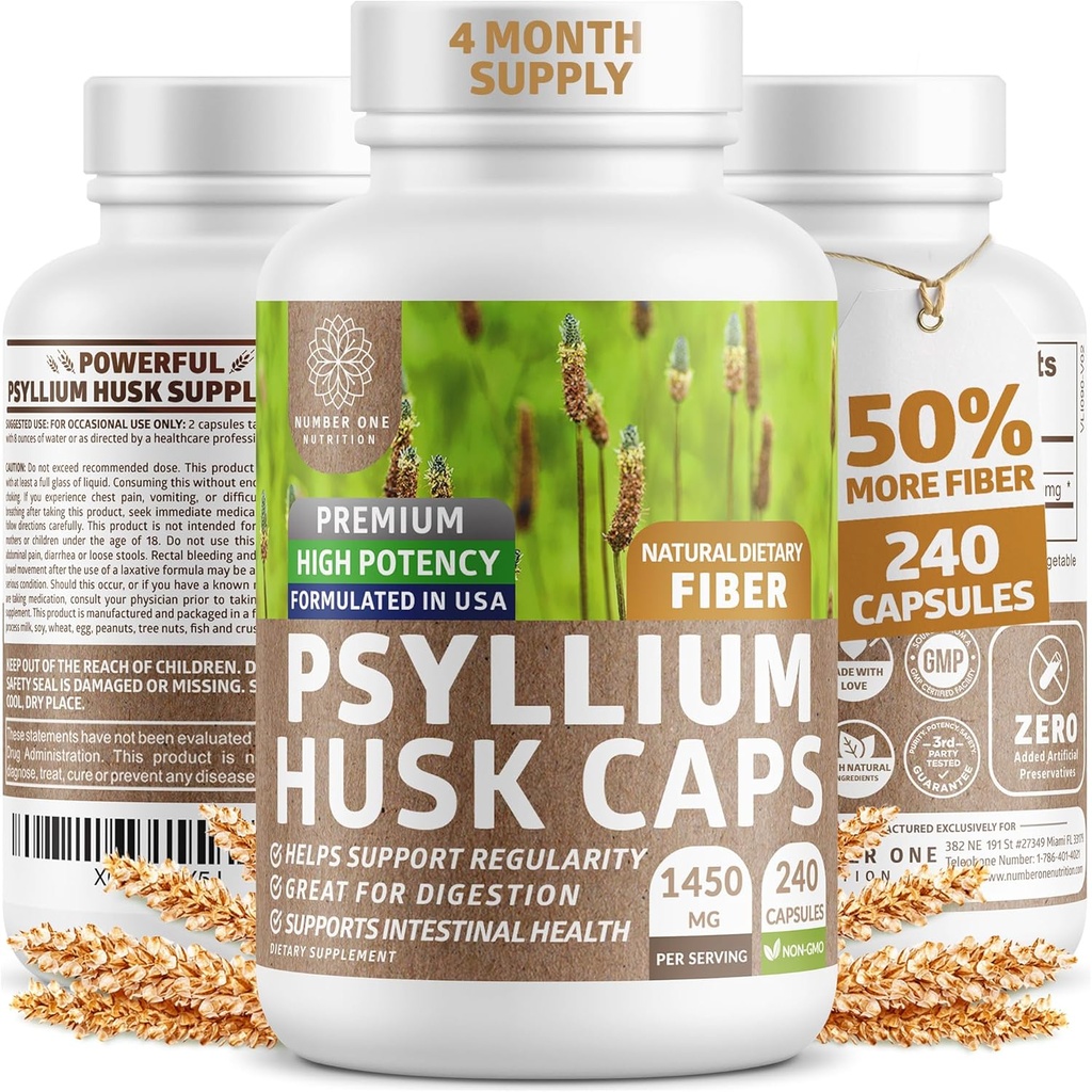 N1N Premium Psyllium Husk Capsules [All Natural,1450 MG] Powerful Soluble Fiber Supplement to Support Regularity and Digestive Health, 240 Caps 2