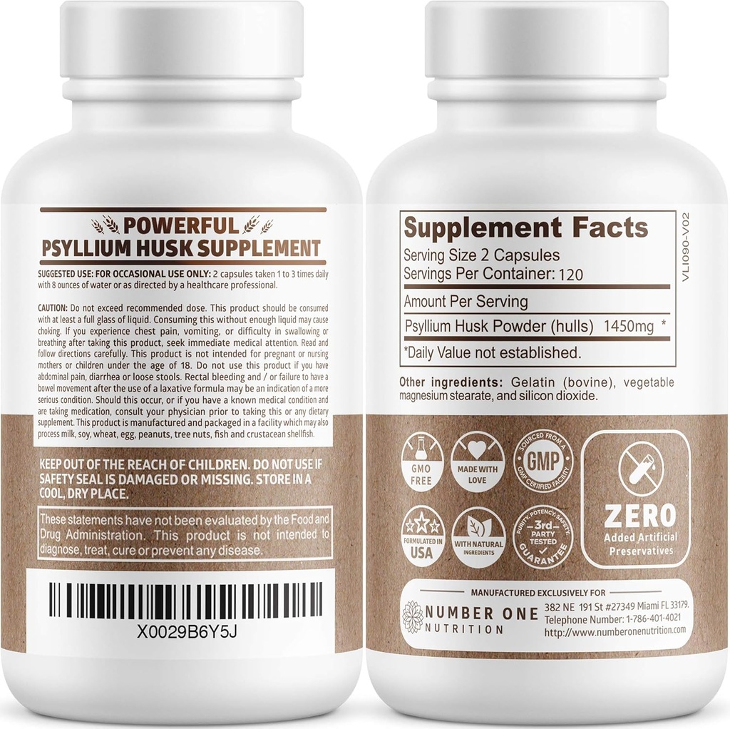 N1N Premium Psyllium Husk Capsules [All Natural,1450 MG] Powerful Soluble Fiber Supplement to Support Regularity and Digestive Health, 240 Caps 3