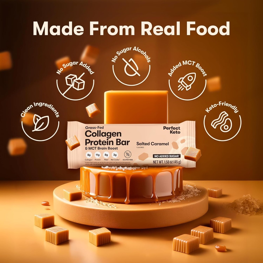 Perfect Keto Bars - The Cleanest Keto Snacks with Collagen and MCT. No Added Sugar, Keto Diet Friendly - 3g Net Carbs, 19g Fat,11g Protein - Diet Food Dessert (Salted Caramel, 12 Bars) 5
