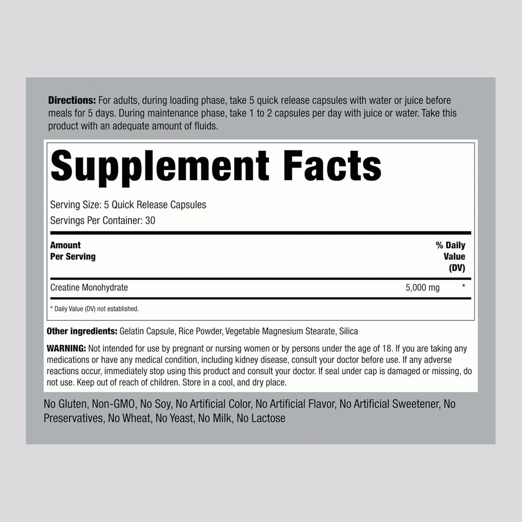 Piping Rock Creatine Monohydrate Capsules | 5000mg | 150 Pills | Micronized Supplement for Men and Women | Non-GMO, Gluten Free 3