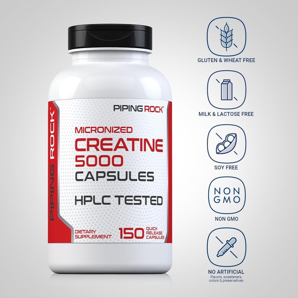 Piping Rock Creatine Monohydrate Capsules | 5000mg | 150 Pills | Micronized Supplement for Men and Women | Non-GMO, Gluten Free 4